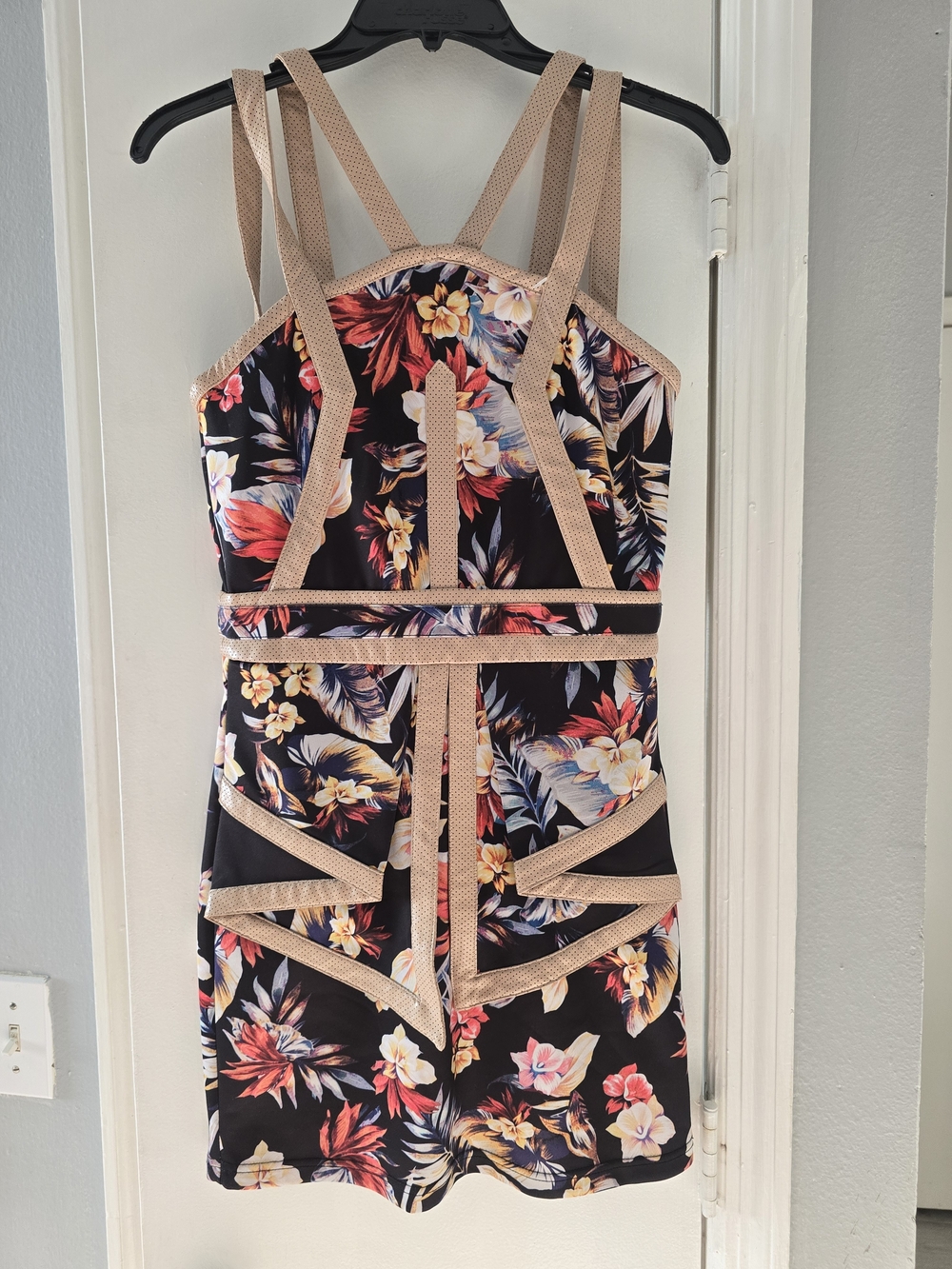 Floral Black & Beige Strappy Kids One-Piece Size 4